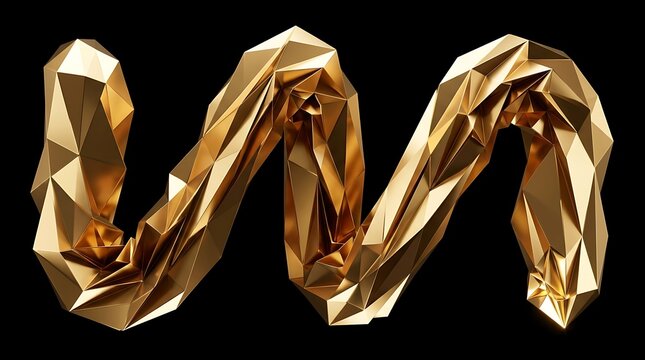 Golden 3D abstract letter M made of shiny polygonal facets