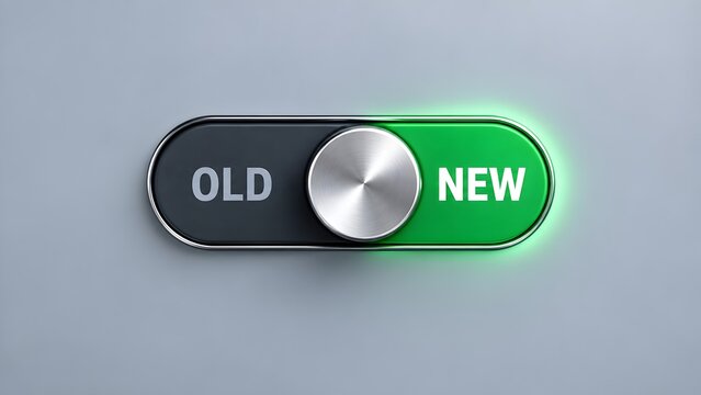 Digital toggle switch flipped from old grey state to new green glowing state representing activation technological upgrade modernization and positive transition