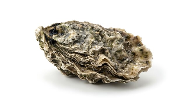 Single rough textured oyster shell on a clean white background.