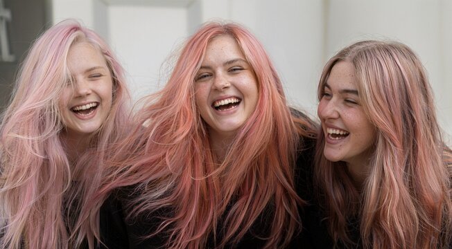 Three Happy Young Women with Pink Hair Laughing Together Outdoors