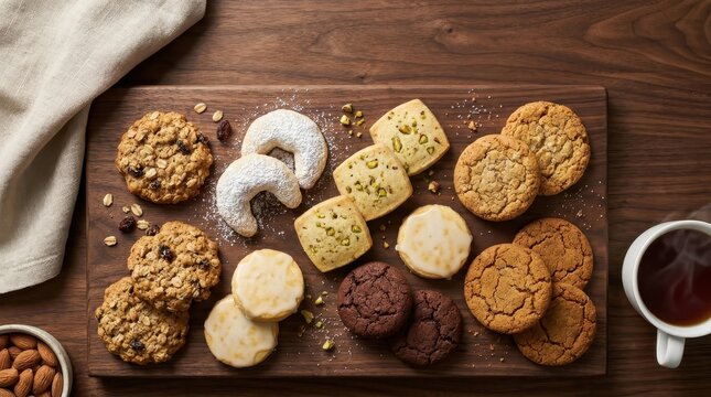 Delicious homemade assorted cookies arranged creatively on a dark wooden cutting board with warm lighting