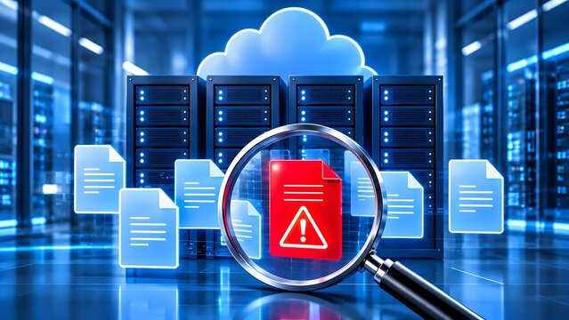 Magnifying glass analyzing red alert document among digital files in cloud server data center for malware detection