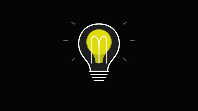 Glowing light bulb vector illustration featuring bright yellow illumination and thin white outline on a dark black background representing innovation and creative thinking concepts