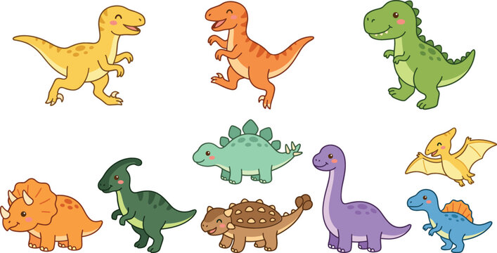 Cute prehistoric dinosaur cartoon characters collection set for nursery decor stickers isolated on white background vector