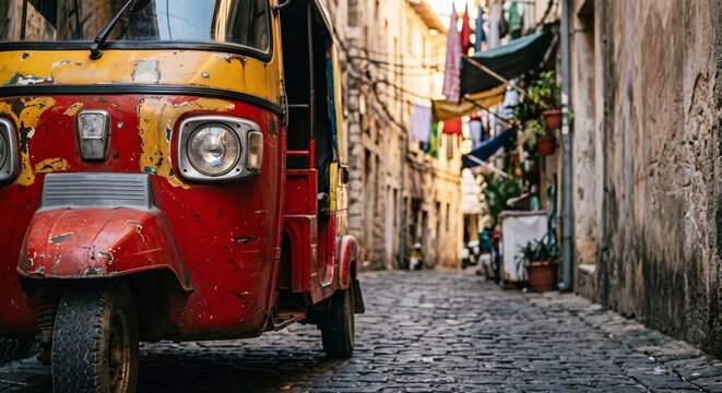 A vintage colorful auto rickshaw parked on a narrow cobblestone street in a historic city