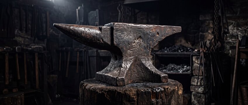Antique anvil on wooden stump in dark blacksmith workshop with tools and materials for metalworking and crafting iron items