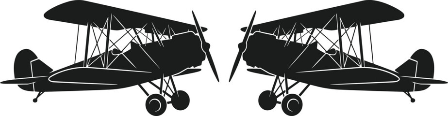 Black silhouette of two vintage biplane aircraft facing each other, isolated on a white background, side view of historic airplanes © Rakibujjaman