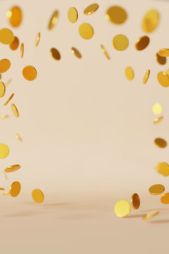 Golden coins are scattered in a circular pattern against a plain background. There is space available for text or graphics related to finance. The
