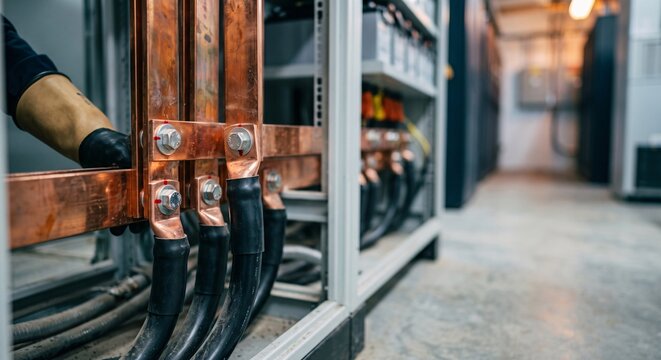 Electrical technician working on copper busbars in a commercial power distribution panel