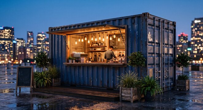 Modern mobile coffee shop inside a refurbished shipping container at night in the city