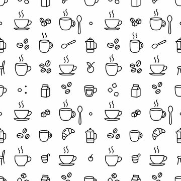 Minimal Coffee and Tea Seamless Pattern with Thin Black Outline on White Background