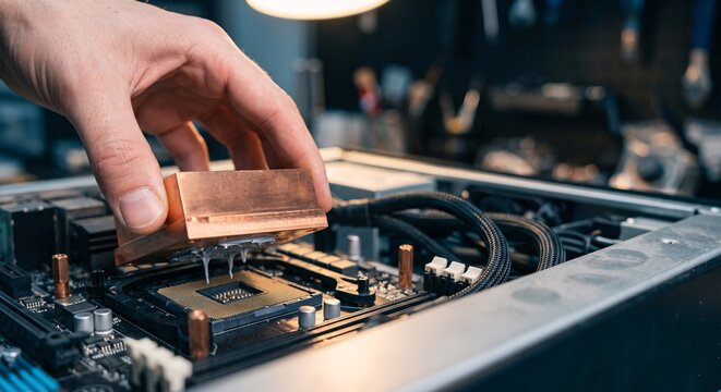 Technician installing a copper cooling heatsink on a central processing unit on motherboard