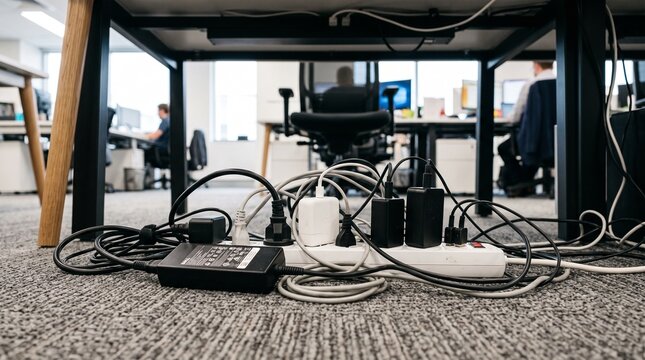 Tangled power cords and overloaded extension strip under office desk