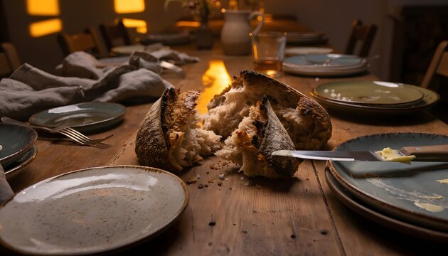Rustic Bread Loaf Torn into Several Pieces at the Center of a Long Table, Warm Communal Dining Concept
