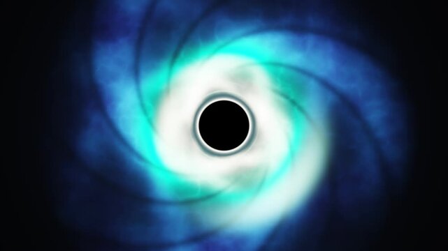Futuristic cosmic portal tunnel and gravity vortex with cyan glowing ring loop. Sci-fi animation of a supermassive black hole event horizon from a top-down view