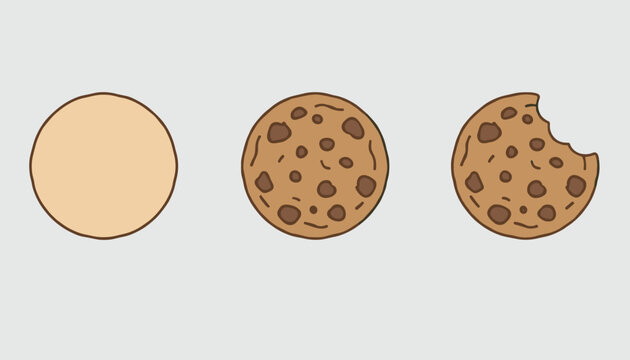 Step-by-step vector illustration showing the baking progression of a chocolate chip cookie from dough ball to finished treat.
