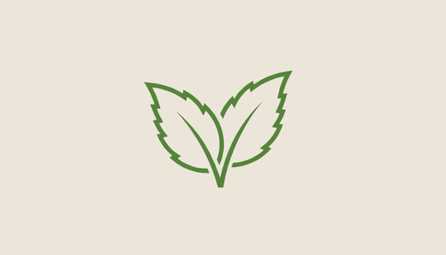 Minimalist green vector logo featuring two stylized herbal leaves with serrated edges against a neutral beige background.