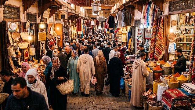 Busy traditional market street with people and textile shops