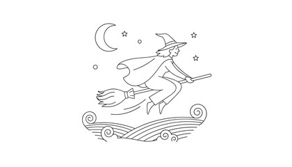 Fototapeta premium Charming line art vector illustration of a witch flying on a broomstick under a crescent moon with starry night sky and ocean waves.