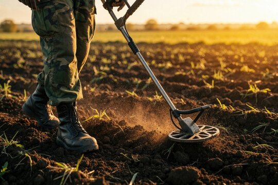 Black man uses metal detector in plowed field at sunset. Archaeologist in camo pants, boots hunts for hidden treasure lost coins. Person searches ground with electronic device for gold in rural