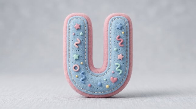 A soft felt letter u decorated with colorful small shapes like stars, hearts, and squiggles, isolated on a light gray textured background