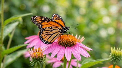 Obraz premium Monarch butterfly feeding on a purple coneflower blossom