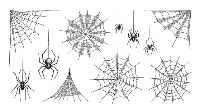 Hand drawn collection of spooky spider webs and creeping spiders