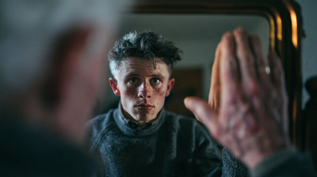 Elderly Person Looking in Mirror Seeing Younger Self
