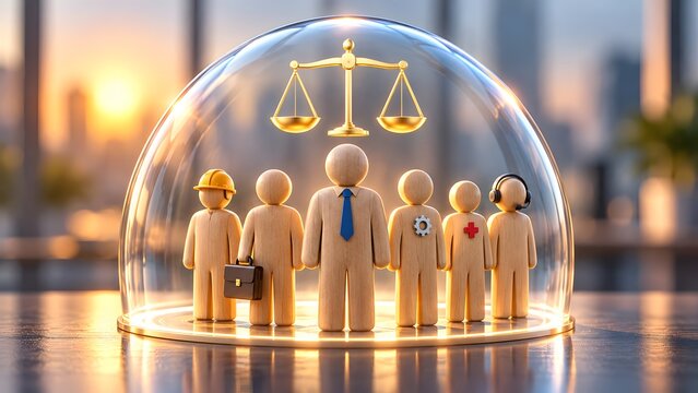 Wooden figurines representing diverse professions protected under glass dome with golden scales of justice above representing employment law and workplace equality