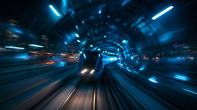 Modern High Speed Train Traveling Fast Through Glowing Tunnel