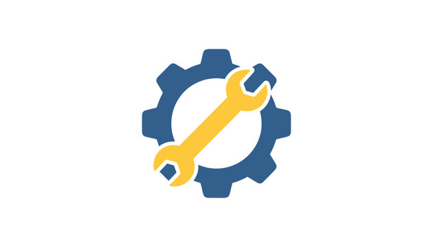 Industrial maintenance logo with a blue gear and a yellow wrench inside representing mechanical service and repair work.