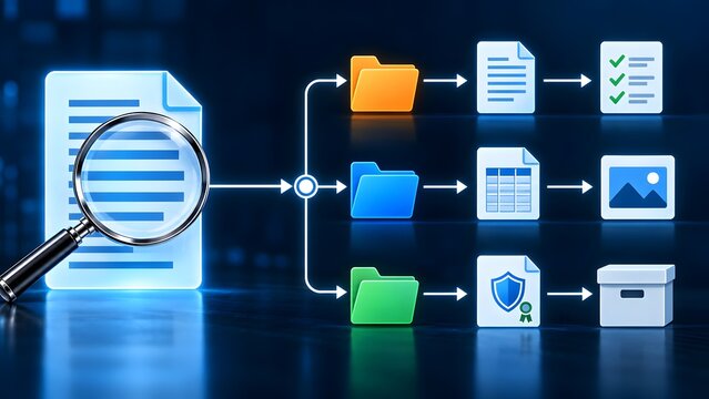 Digital document management system displaying magnifying glass analyzing data classification hierarchy and secure file organization workflow