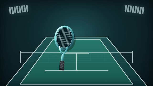 Tennis racket and ball over an illustrated court