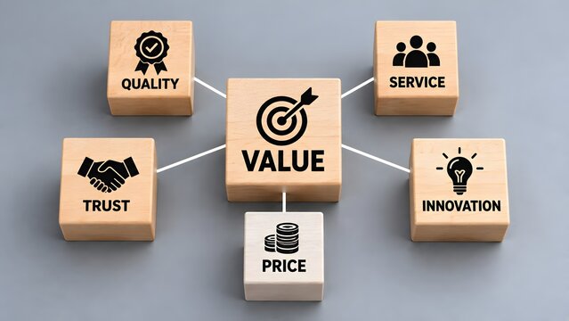 Wooden blocks displaying core business value proposition with quality service trust innovation and price conceptual icons on grey background