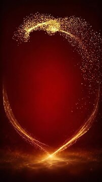 深紅の背景で金色の光の粒子が弧を描く縦型動画
