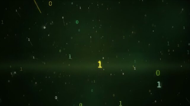 Abstract digital background with floating green binary code numbers moving in dark cyberspace