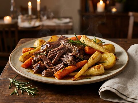 Roasted root vegetables with carrots and parsnips served on a plate for a cozy dinner at home table. easy lamb recipes