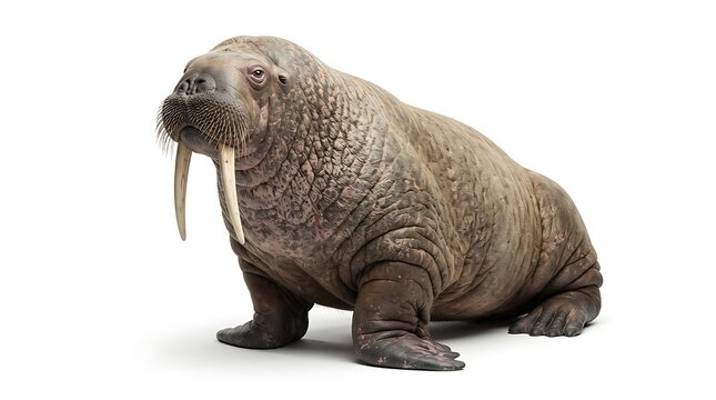 A large walrus with prominent tusks stands on a clean white background, showcasing its impressive size and unique features.