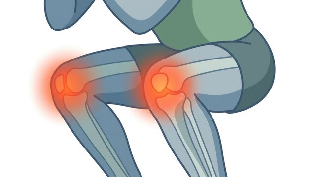 Medical illustration of knee pain during a squat exercise with highlighted joint inflammation