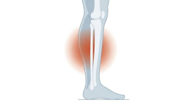 Medical illustration of human lower leg anatomy showing localized calf muscle pain or injury