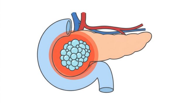 Medical illustration of a human pancreas with a tumor mass inside the head of the organ structure