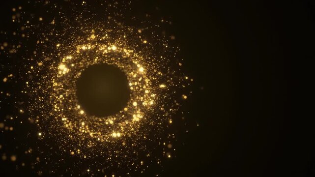 Microscopic golden orbs drifting in dark space with glowing central light cluster motion