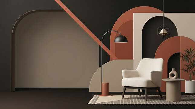 Modern white armchair in a stylish living room with geometric shapes and arches