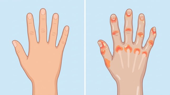Comparison illustration of a healthy human hand versus one showing signs of joint inflammation