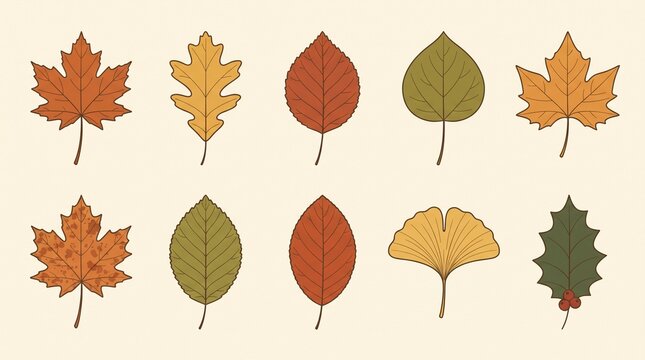 Colorful autumn leaves vector illustration set featuring various botanical shapes and seasonal foliage styles