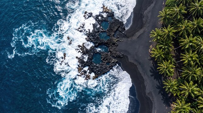 Black sand beach aerial view with turquoise ocean waves, dark volcanic rocks, and lush green tropical palm trees