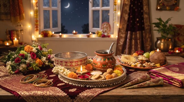 Traditional religious offerings and ritual accessories prepared for holy karwa chauth celebration.