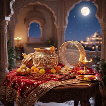 Decorated ritual items on wooden table for auspicious hindu festival of karwa chauth celebration.