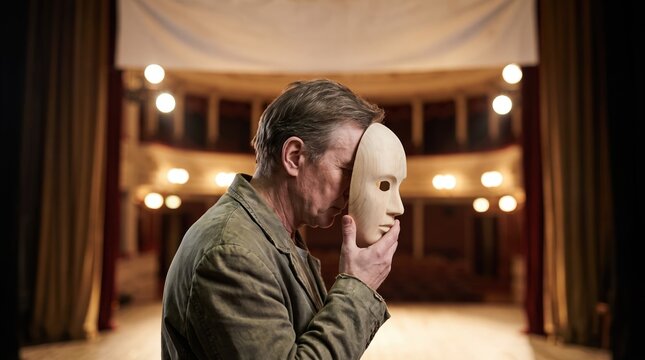 Man holding mask on stage, preparing for role