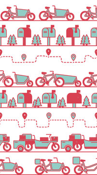 Seamless pattern of bicycles and mailboxes for holiday delivery concept